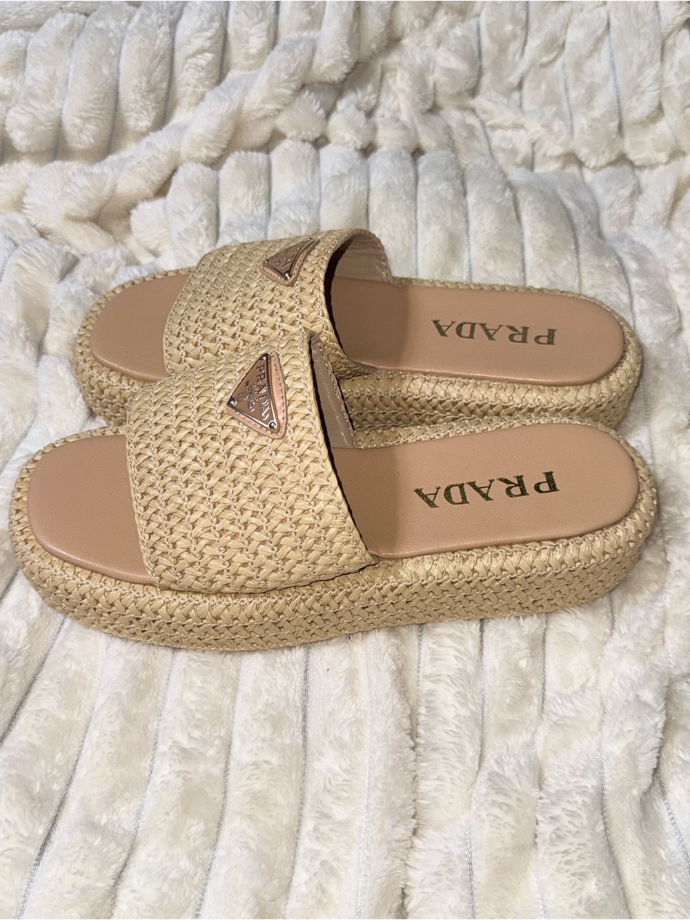 Prada Beige Straw Slide Sandals with Logo Plaque - Picture 3 of 6